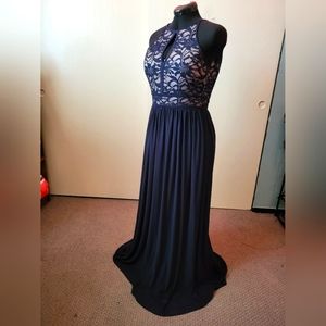 Navy Halter Top Dress w Nude-Like Lace Chest